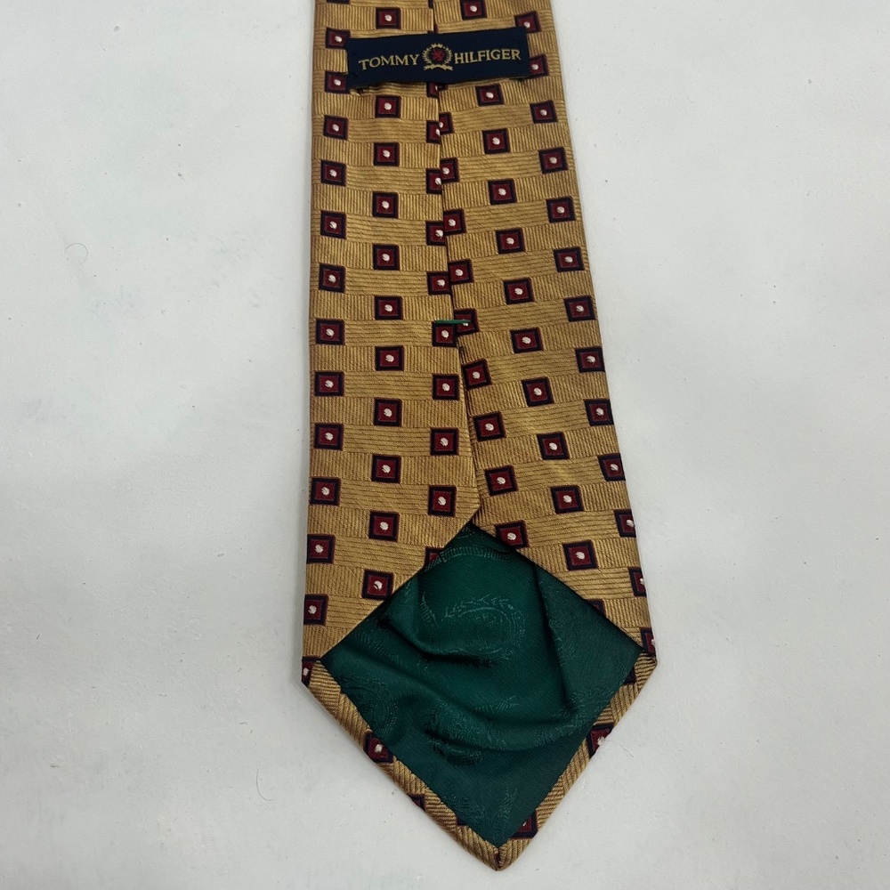 Vintage Tommy Hilfiger Tie 2-Tone Gold Navy Red Blocks 100% Silk USA 58"x3.75" - Picture 4 of 8